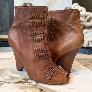 Sam Edelman Krosby Brown Leather Woven Peep Toe Wedge Ankle Boots 7.5M